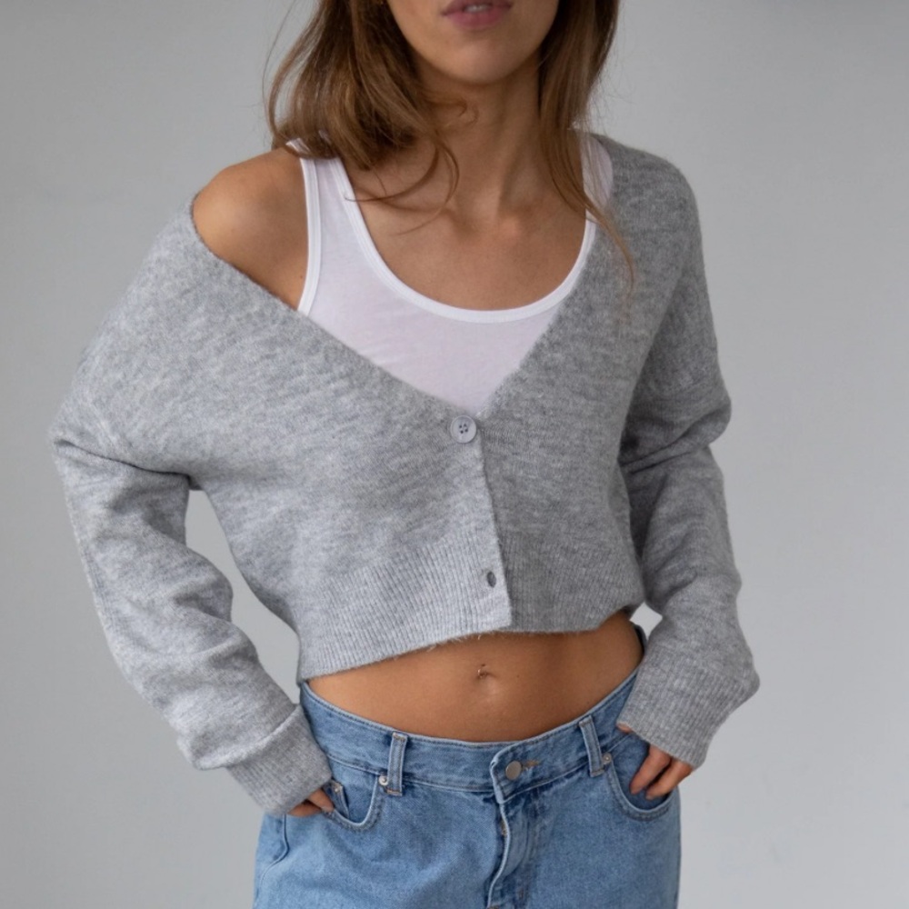 OAK + FORT CROPPED CARDIGAN Heather Light Gray Women's Cardigan Medium